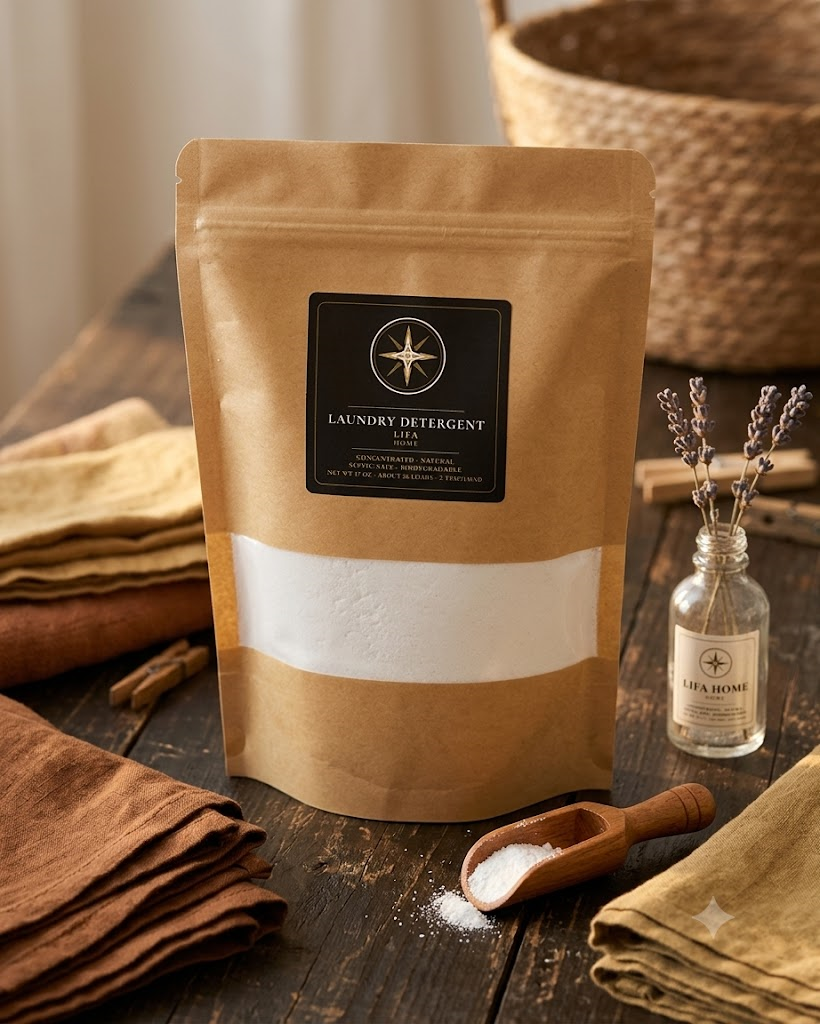 Kraft pouch of LIFA Clean Laundry Detergent on a wooden table with folded linens, clothespins and lavender