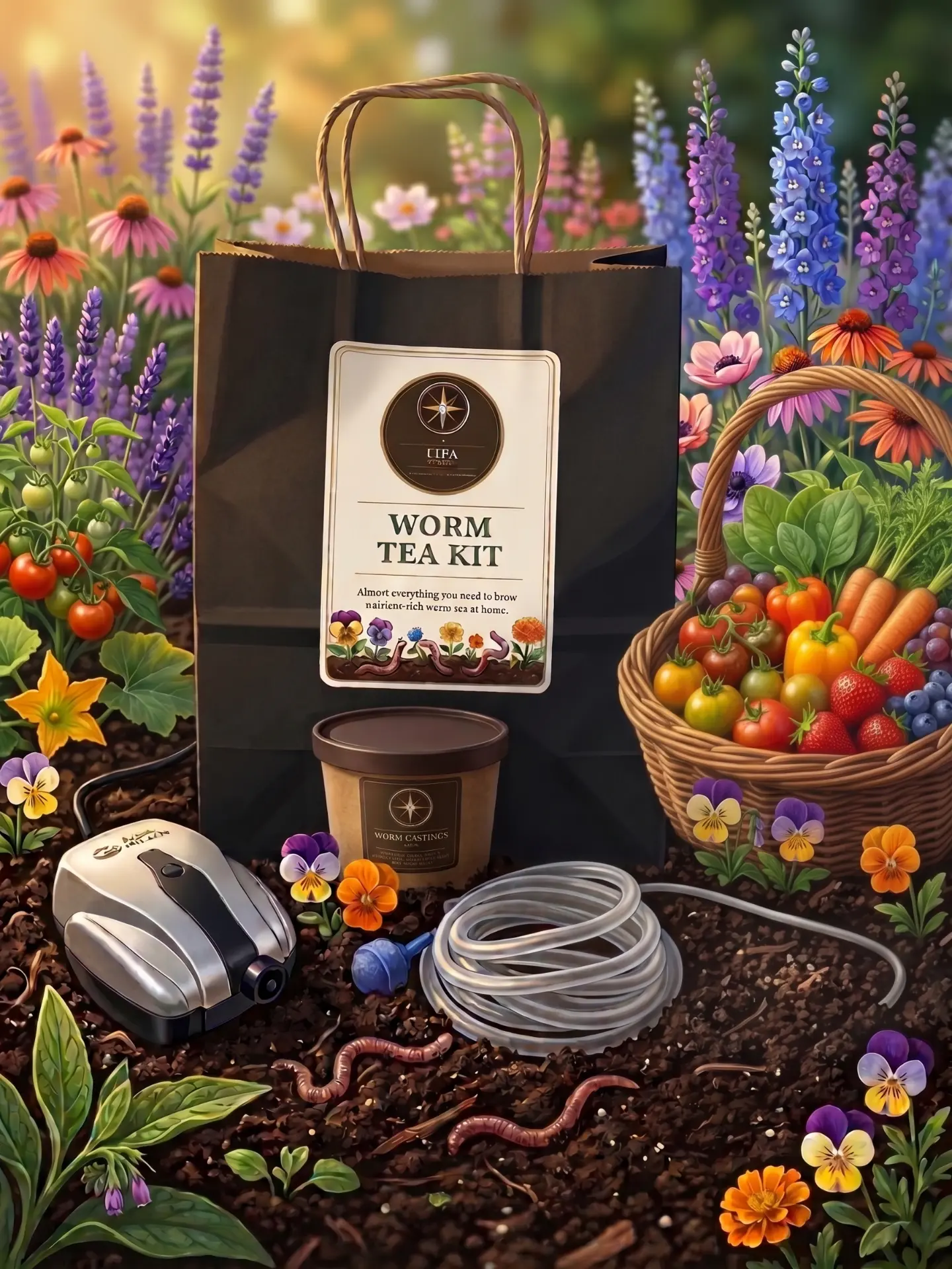 LIFA Worm Tea Starter Kit with premium worm castings, fish bubbler, and brewing bag in a garden setting