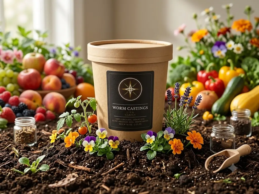 Container of LIFA Premium Worm Castings in rich soil surrounded by seedlings, flowers and garden produce