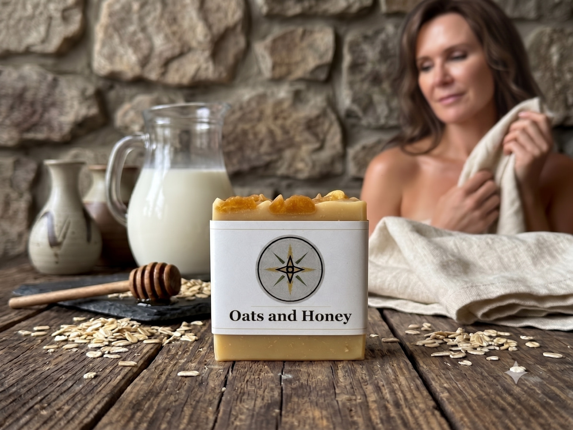 LIFA Oats and Honey goat milk soap bar on a rustic wooden table with a milk pitcher, honey dipper, and scattered oats, with a woman wrapped in a linen towel in the background