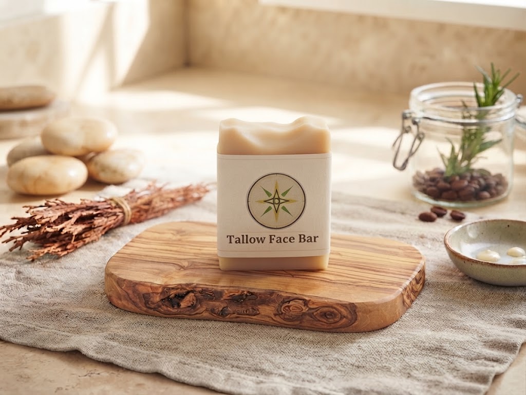 LIFA Tallow Face Bar handmade soap on a wooden board with linen cloth, river stones, and a glass jar of botanicals