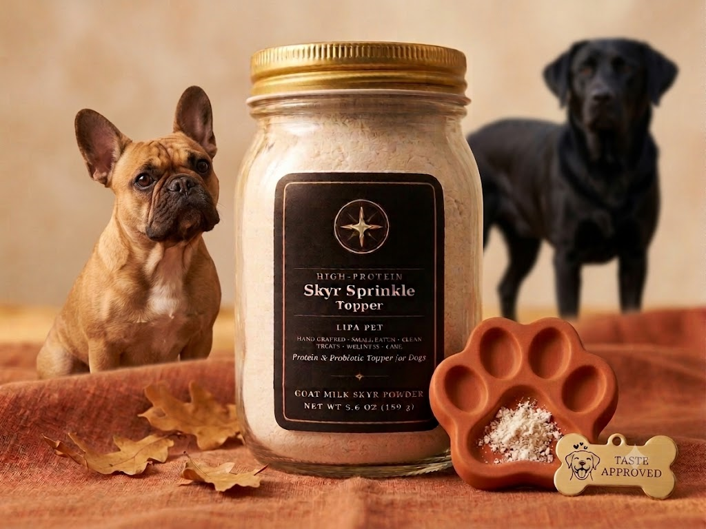 Jar of LIFA Skyr Sprinkle goat milk powder for dogs with a black Labrador and a French bulldog