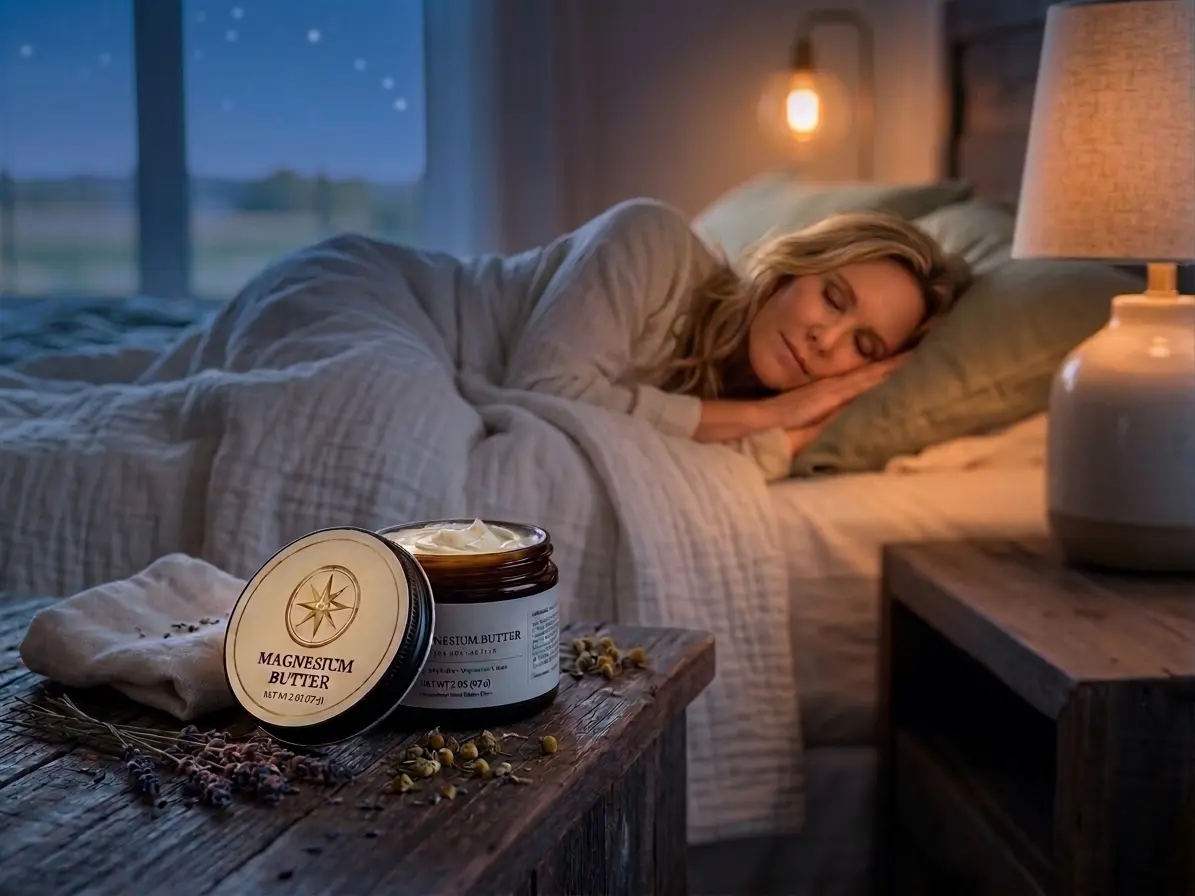 Open jar of LIFA Magnesium Butter on a nightstand beside a woman sleeping in a softly lit bedroom