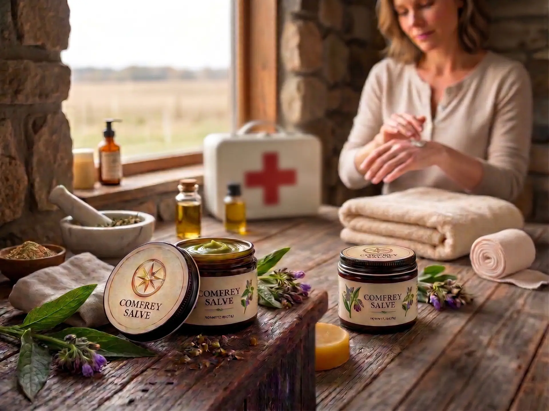 Two jars of LIFA Comfrey Salve on a rustic table with fresh comfrey leaves and flowers