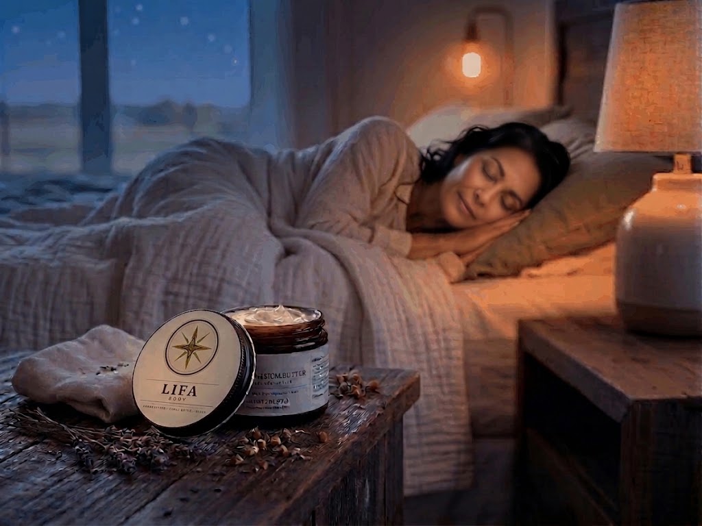 Open jar of LIFA Magnesium Butter on a nightstand beside a woman sleeping in a softly lit bedroom