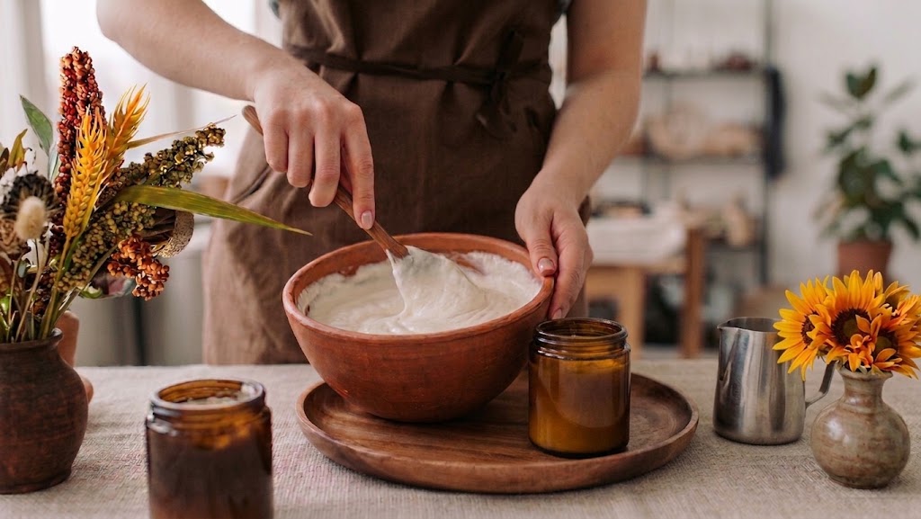 A maker in a brown apron stirring a small batch of LIFA body care in a terracotta bowl, surrounded by dried flowers and amber jars