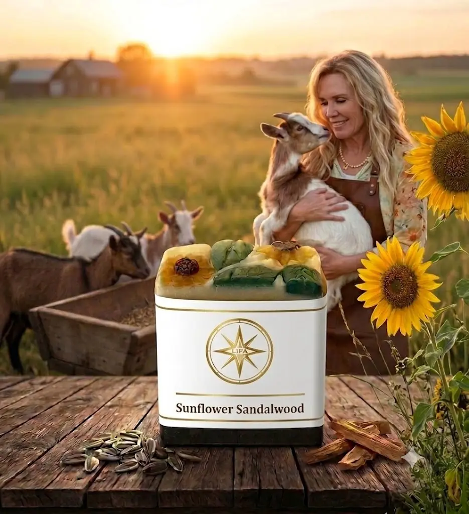 LIFA Sunflower Sandalwood goat milk soap bar with sunflowers and a woman holding a goat at golden hour