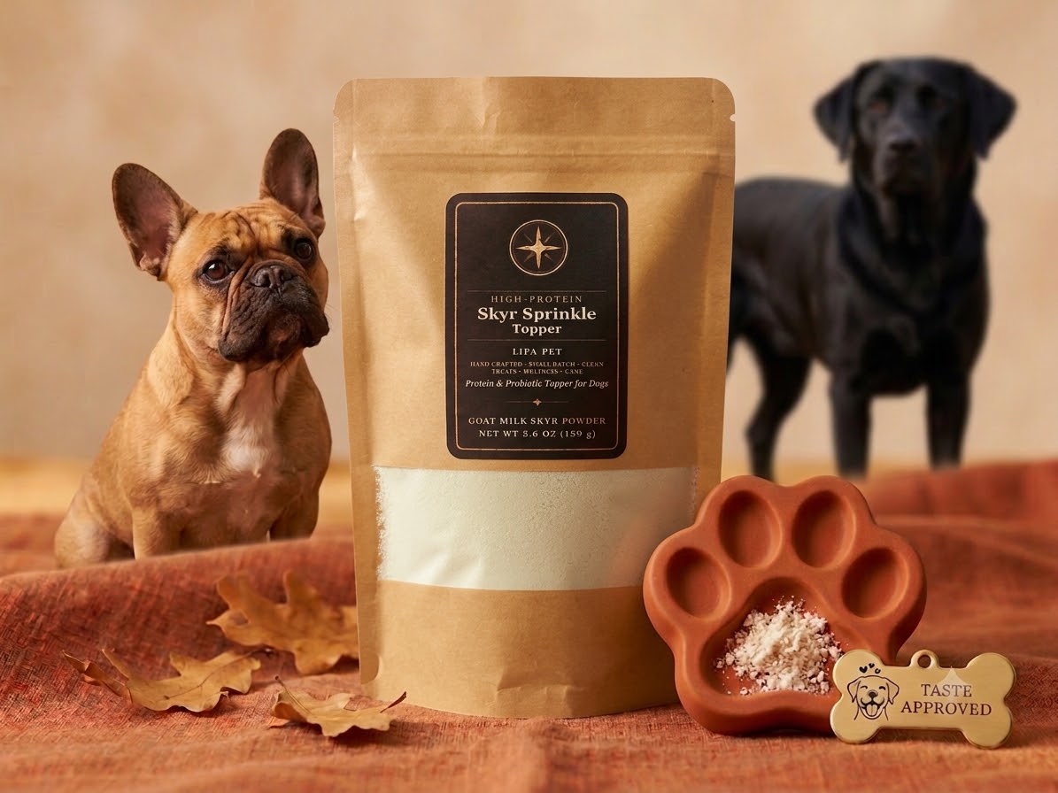 Kraft refill pouch of LIFA Skyr Sprinkle on a warm linen surface with a French bulldog, black Labrador, and a paw-shaped dish of skyr powder