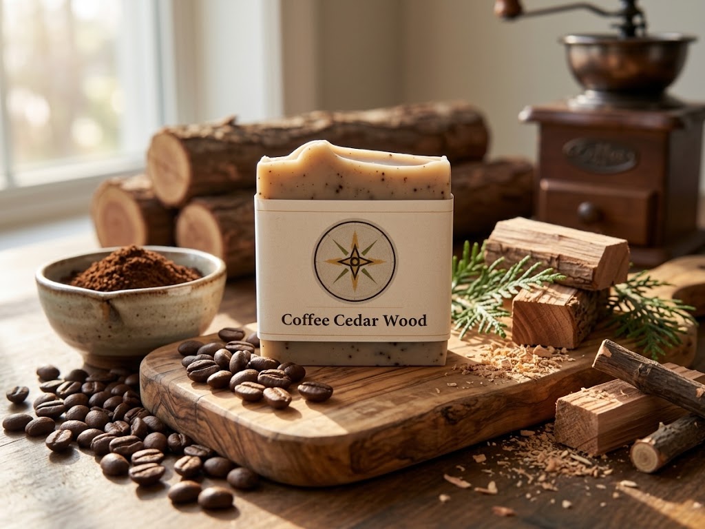 LIFA Coffee Cedar Wood handmade soap bar on a wooden board with coffee beans, ground coffee, and cedar wood pieces