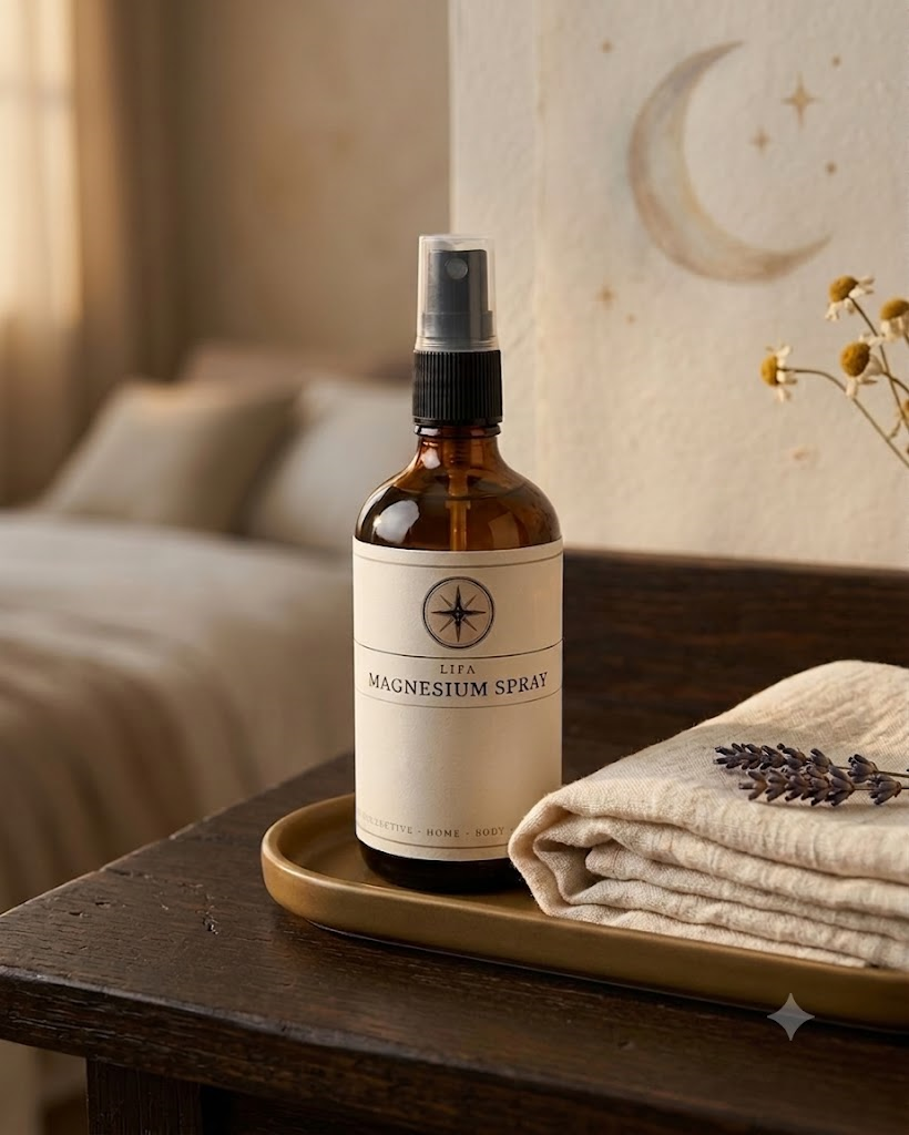 Amber two ounce bottle of LIFA Magnesium Spray on a gold tray with folded linen and dried lavender