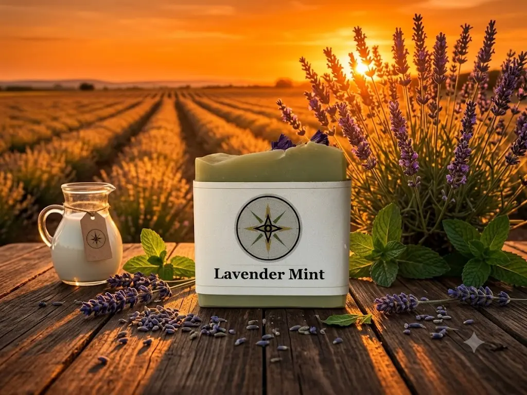 LIFA Lavender Mint goat milk soap bar on a wooden table in front of a lavender field at sunset with fresh mint