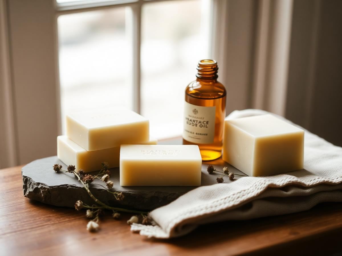 Handmade LIFA goat milk soap bars and a bottle of magnesium spray on a linen cloth