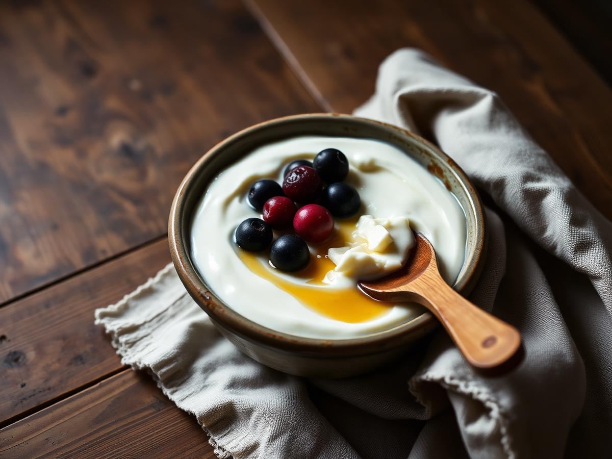Bowl of thick small-batch Icelandic style skyr with a spoon standing upright beside a glass jar of goat milk