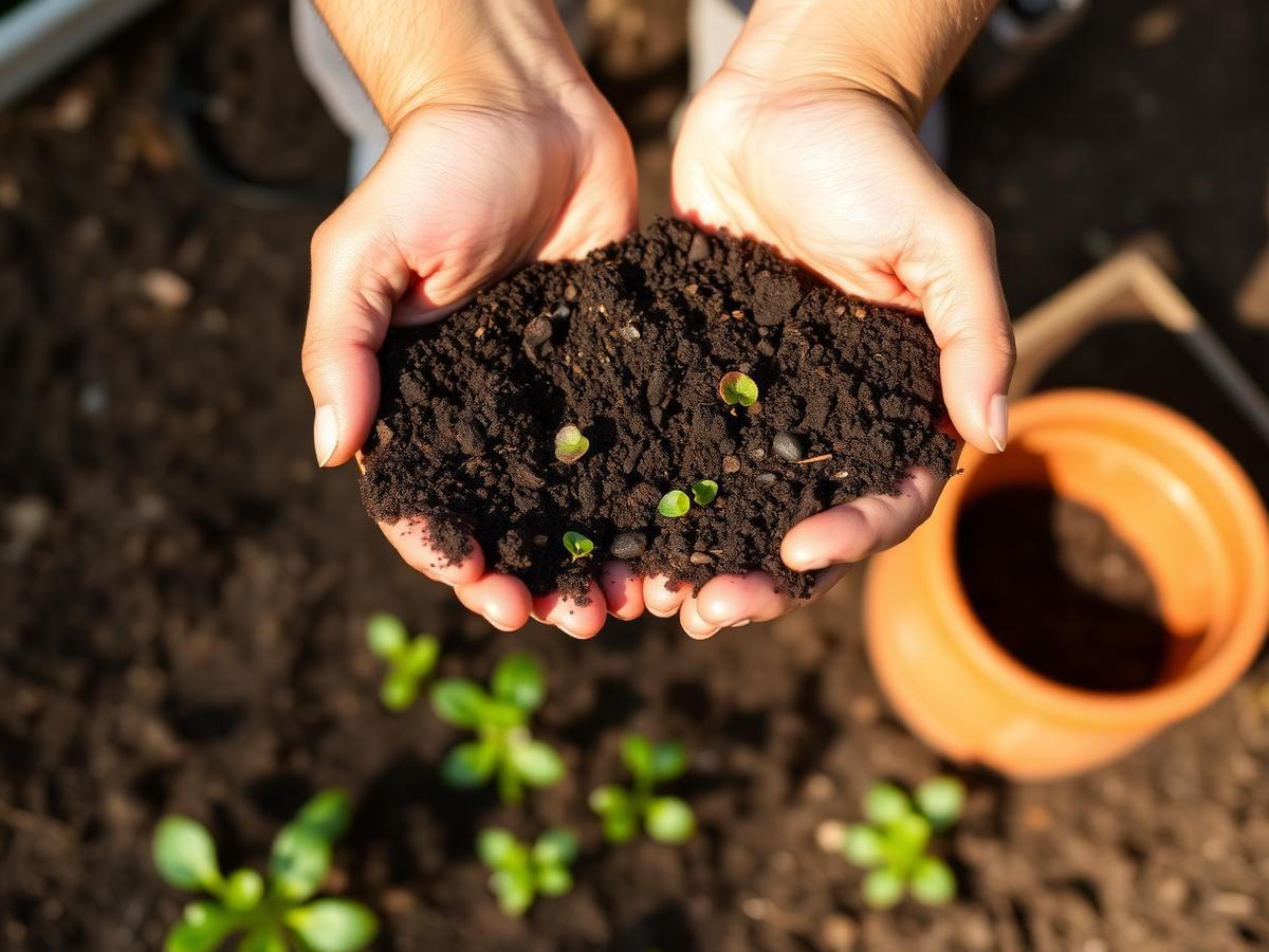 Hands holding dark living worm castings above a garden bed of young vegetable seedlings