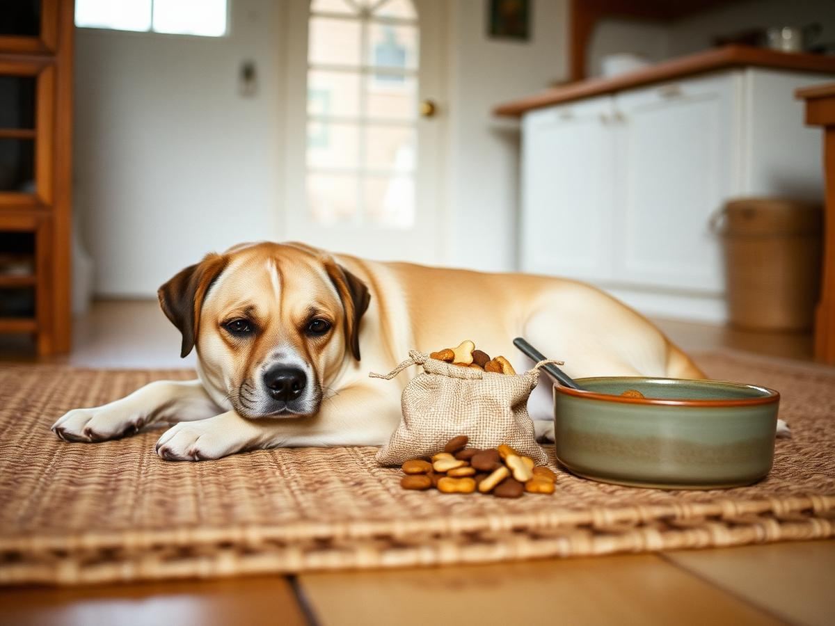 Dog resting on a freshly cleaned kitchen floor beside a bottle of gentle surface spray