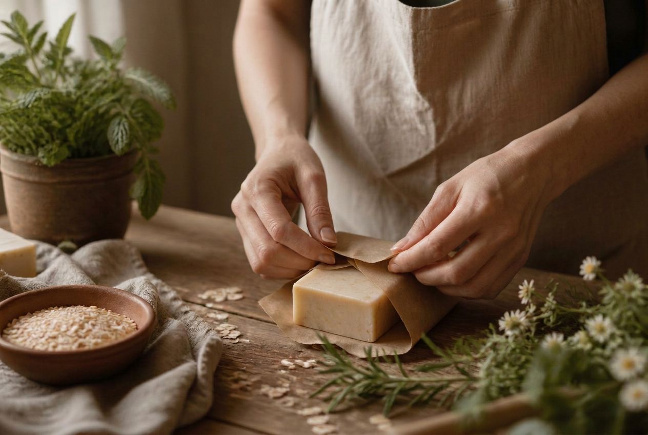 Maker's hands wrapping a handmade soap bar in unbleached paper, a small-batch clean household product