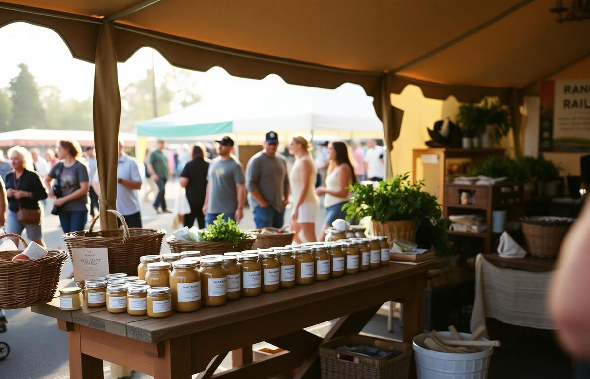 LIFA Collective farmers market table in Utah with jars of skyr, soap bars and worm castings under morning light